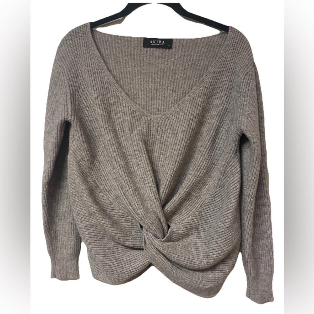 Akira Knot Front Twist Sweater Long Sleeved V neck in Gray Size M - Picture 7 of 7